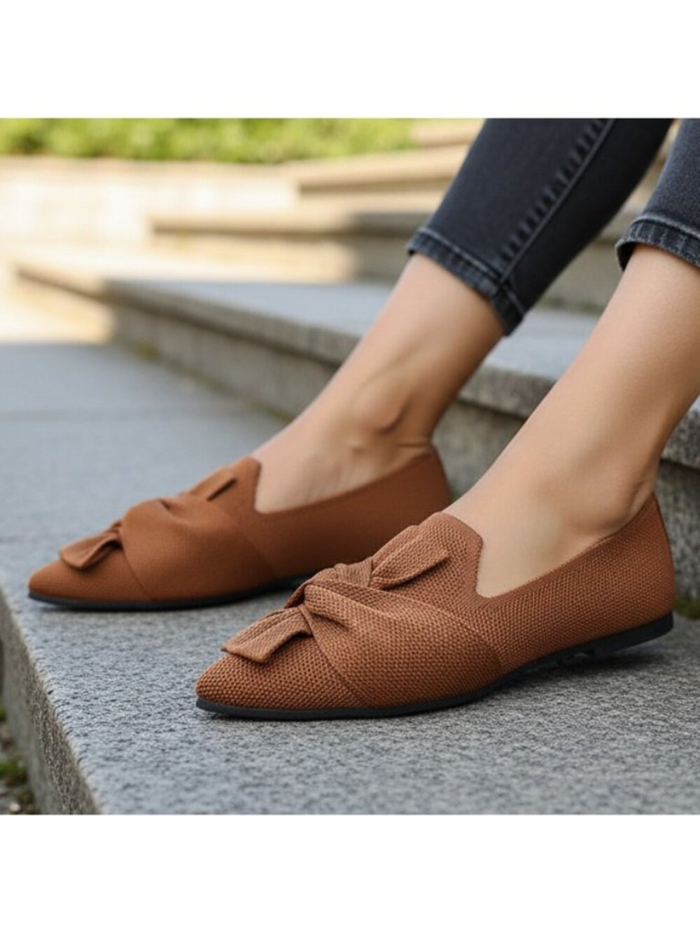 Oversized Twisted Bow Mesh Knit Pointed Toe Flats Slip-On Ballet Shoes Loafers